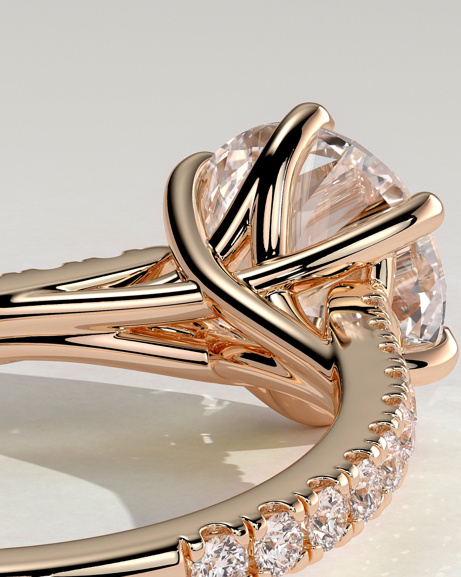 Briar - Round Claw Solitaire with Trellis Gallery, Pave Band and Cathedral Low Setting Engagement Ring - Rose Gold - Rose Gold 2ct