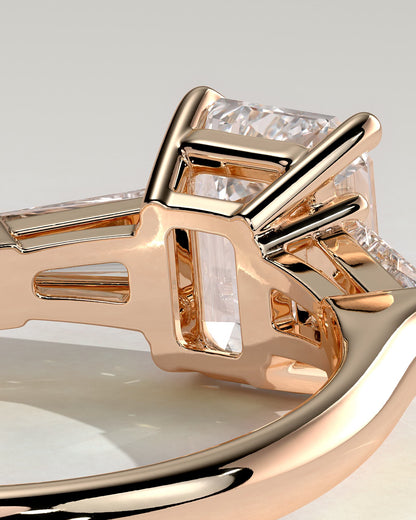Bridget - Emerald Claw Trilogy with Tapered Baguette Side Stones and Cathedral Setting Engagement Ring - Rose Gold