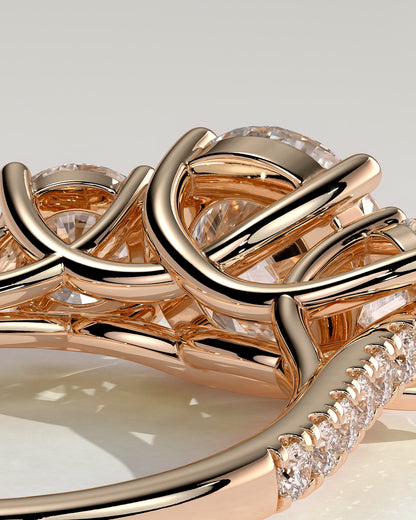 Ella - Round Claw Trilogy with Round Side Stones, Pave Band and Trellis Gallery  Engagement Ring - Rose Gold