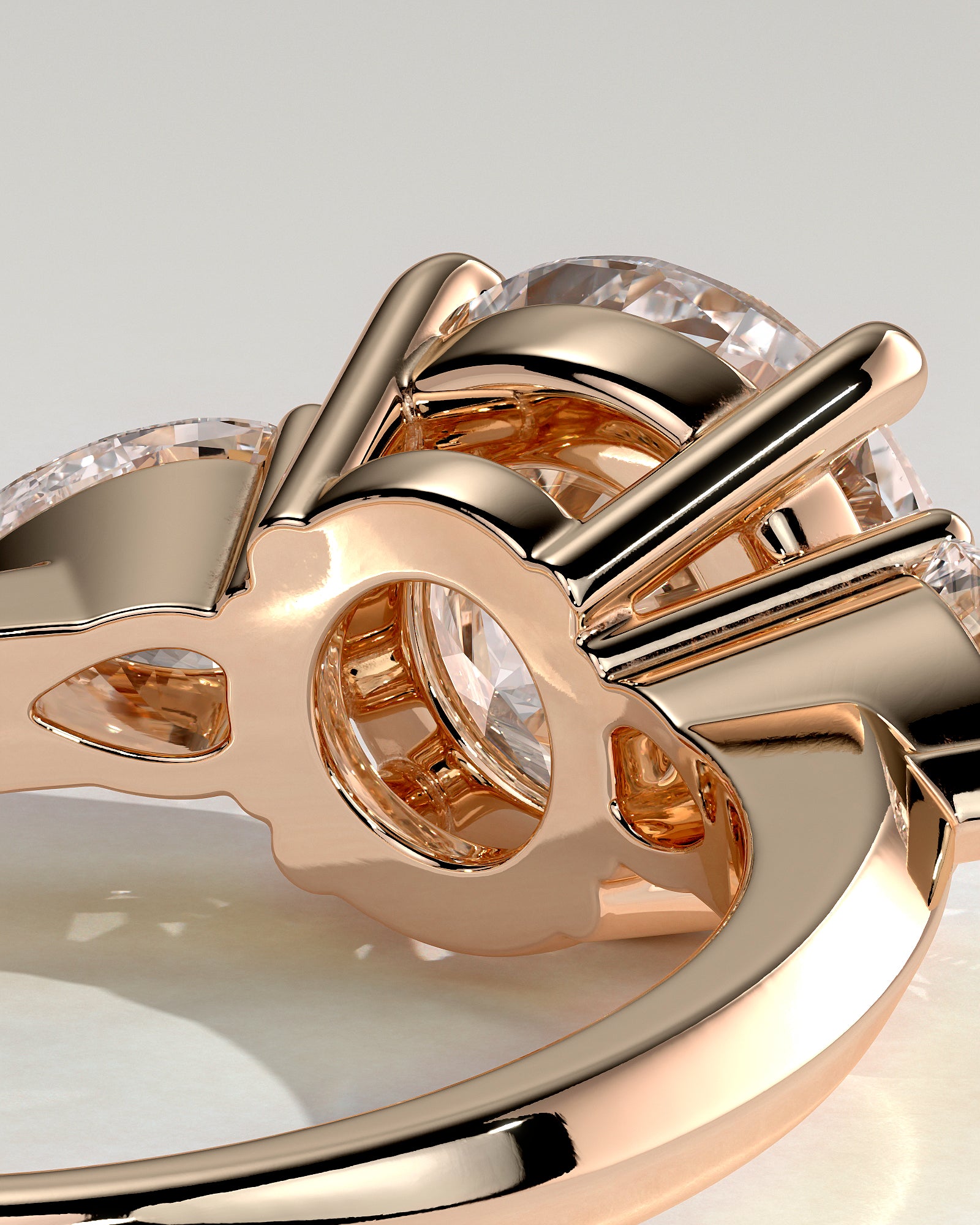 Halle - Round Claw Trilogy with Pear Side Stones and Knife Edge Band Engagement Ring - Rose Gold - Rose Gold 2ct