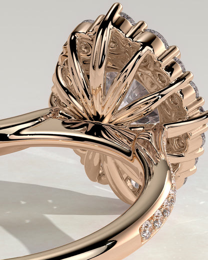 Jessica - Round Claw Solitaire with Graduating Halo and Bead Set Micropave and Tapered Band Engagement Ring - Rose Gold