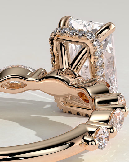Kyla - Radiant Claw Solitaire with Marquise-Round Accent Stones and Wrap Around Hidden Halo Engagement Ring - Rose Gold