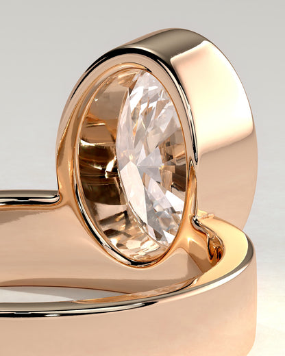 Carmen - Oval Bezel Solitaire with Offset Setting and Flat Cigar Band Engagement Ring - Rose Gold