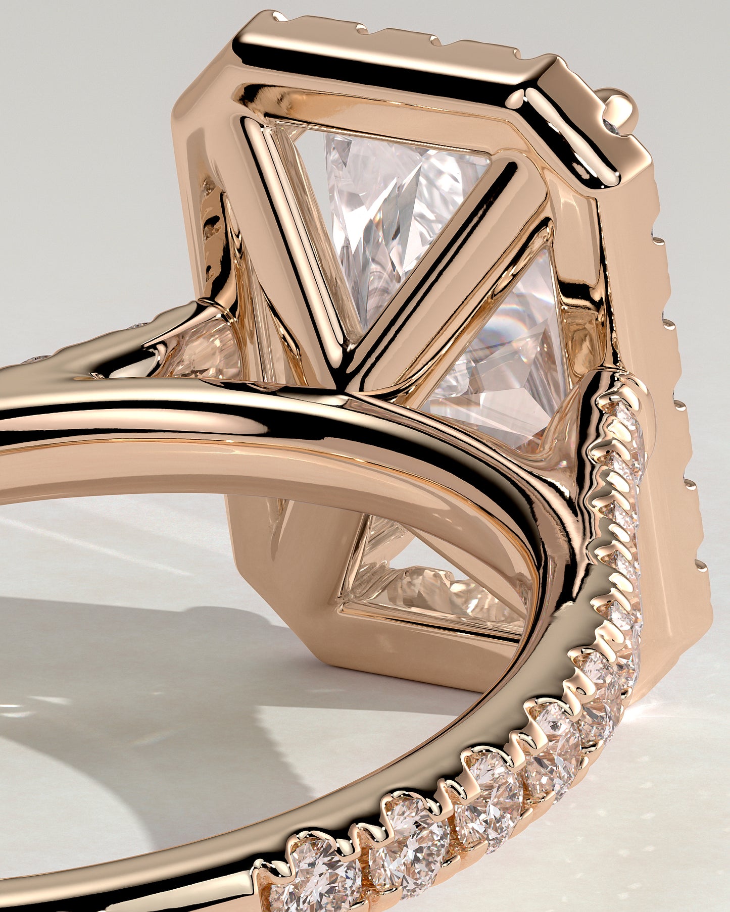 Clementine - Radiant Claw Solitaire with Halo and Pave Band and Cathedral High Setting Engagement Ring - Rose Gold - Rose Gold 2ct