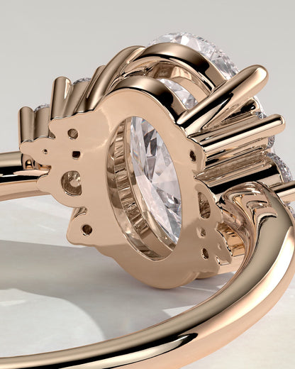Esther - Oval Claw Solitaire with Clustered Round Opposing Shoulder Stones Engagement Ring - Rose Gold