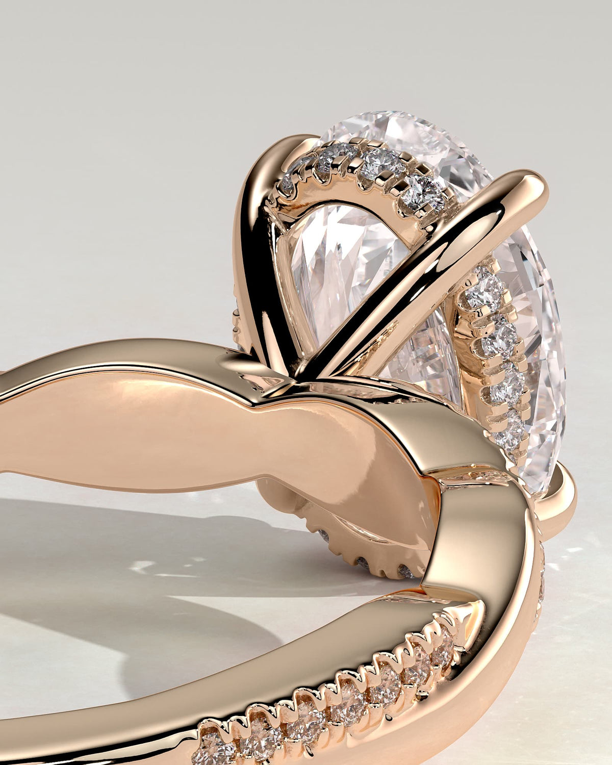 Lara - Oval Claw Solitaire with Hidden Halo and Twisted Alternating Pave Band Engagement Ring - Rose Gold