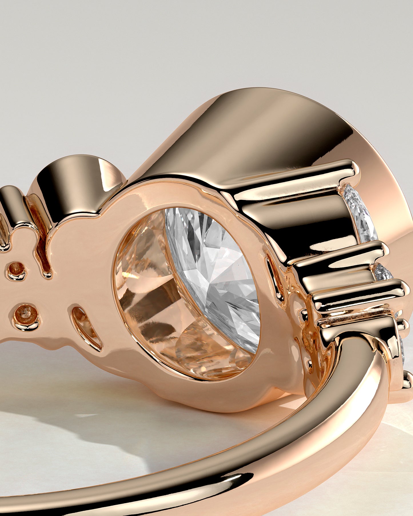 Alessia - Round Bezel Solitaire with Clustered Round-Marquise Mixed Set Shoulder Stones Engagement Ring - Rose Gold - Rose Gold 2ct
