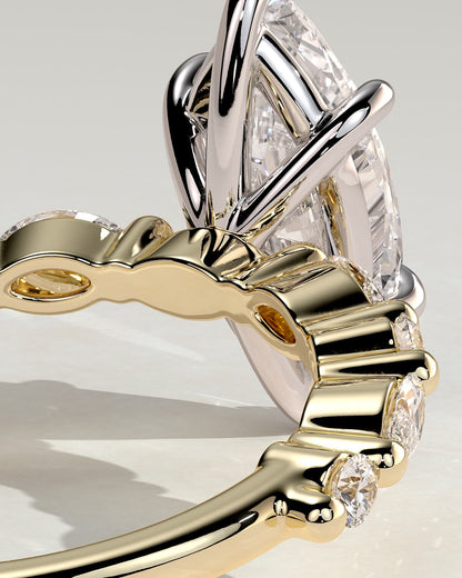 Beatrice - Marquise Claw Solitaire with Marquise and Round Accent Stones Engagement Ring - Yellow Two-Tone