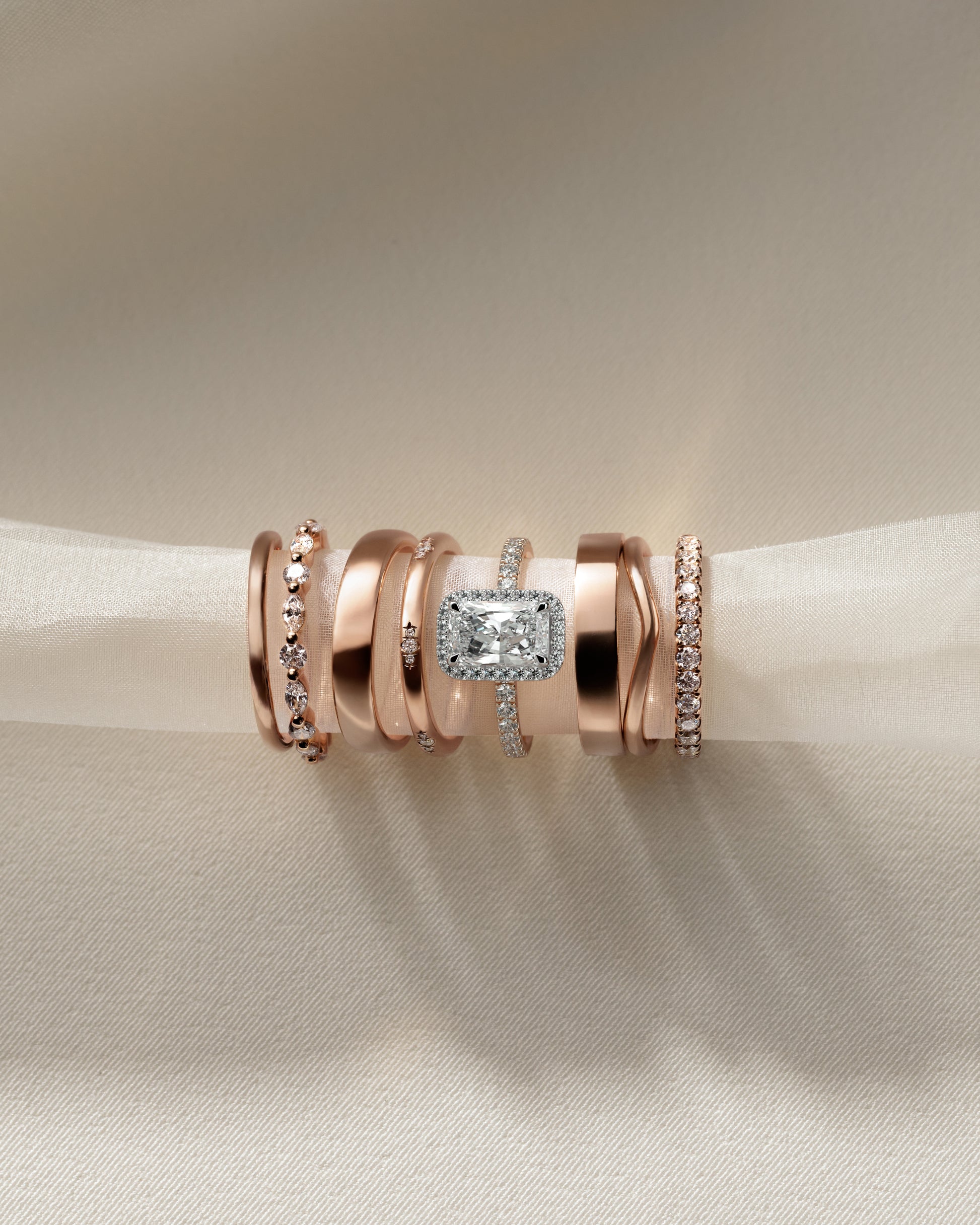 Catherine - Radiant Claw Solitaire with Halo and Pave Band Engagement Ring - Rose Two-Tone - Rose Two-Tone 2ct