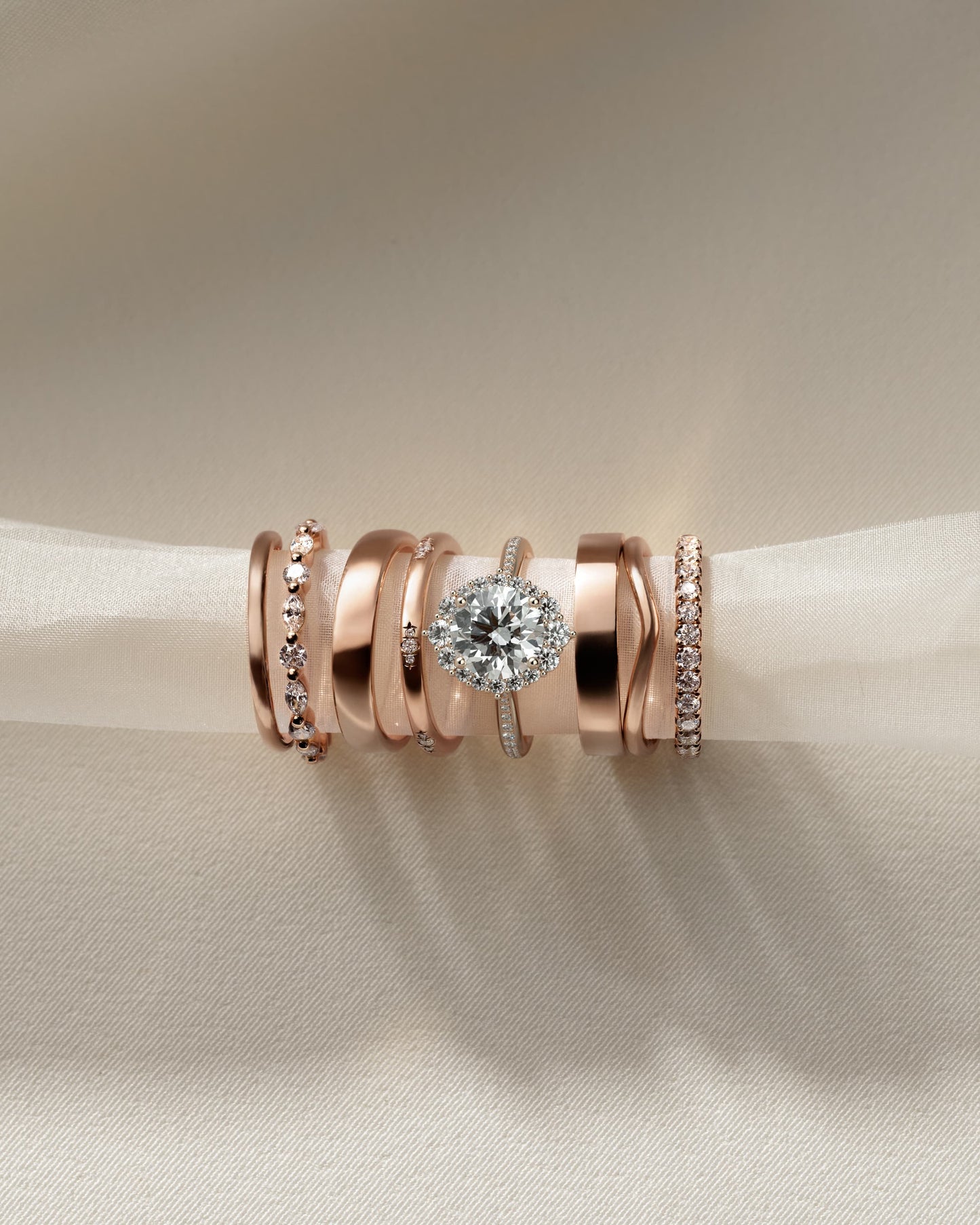 Jessica - Round Claw Solitaire with Graduating Halo and Bead Set Micropave and Tapered Band Engagement Ring - Rose Gold