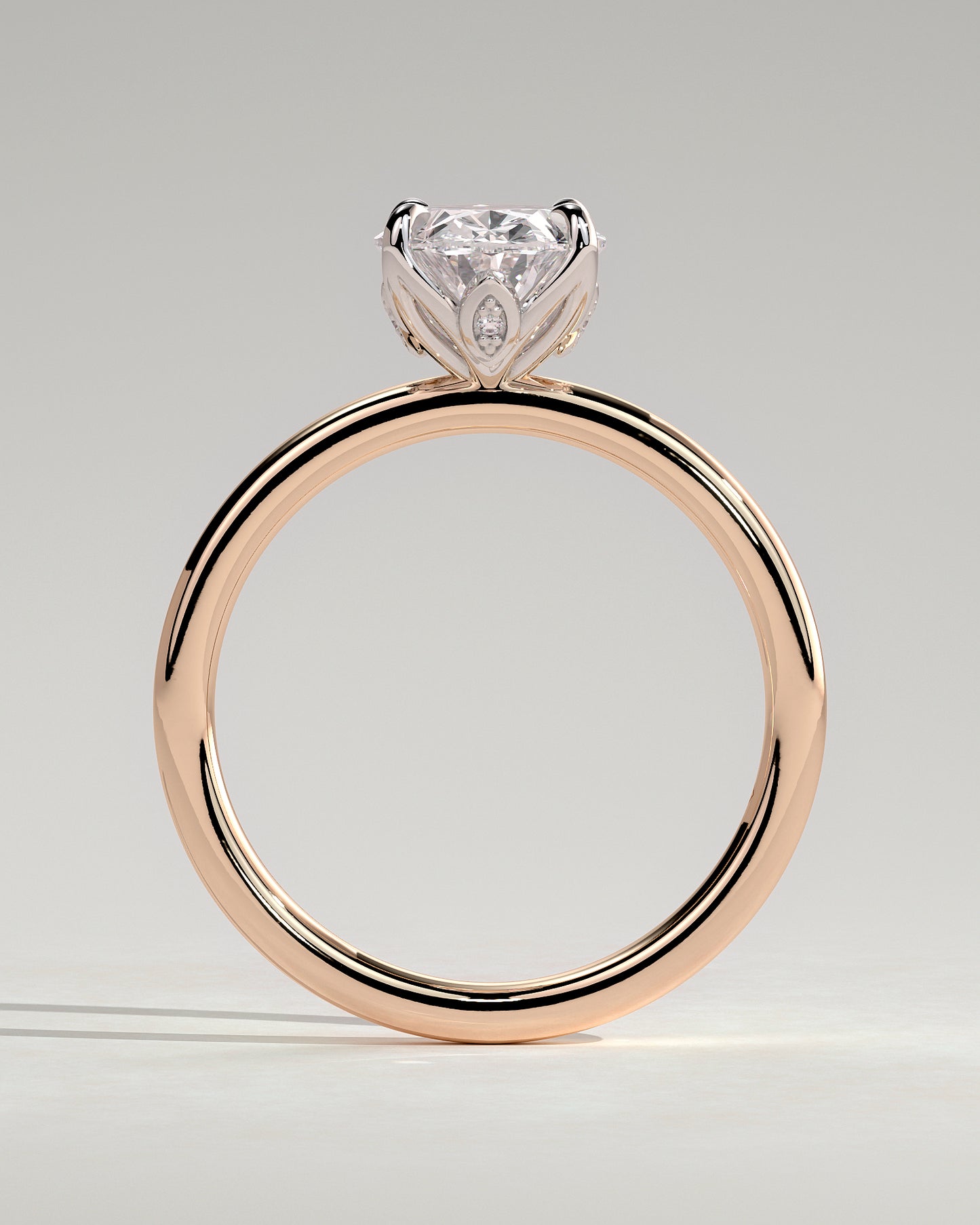 Aurelie - Oval Claw Solitaire with Petal Gallery and Accent Leaf Detail Engagement Ring - Rose Two-Tone - Rose Two-Tone 2ct