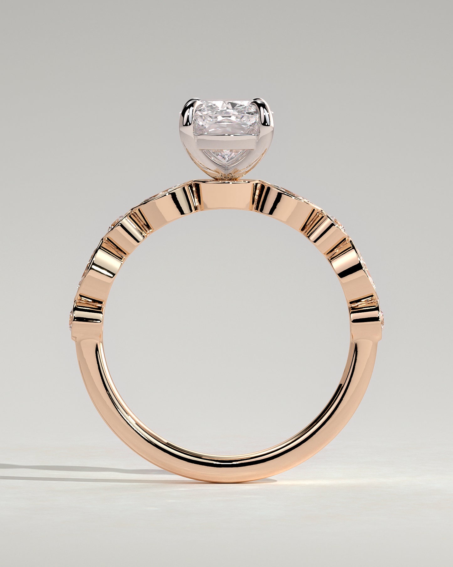 Carrie - Elongated Cushion Claw Solitaire with Round-Marquise Bezel Accent Stones Engagement Ring - Rose Two-Tone - Rose Two-Tone 2ct