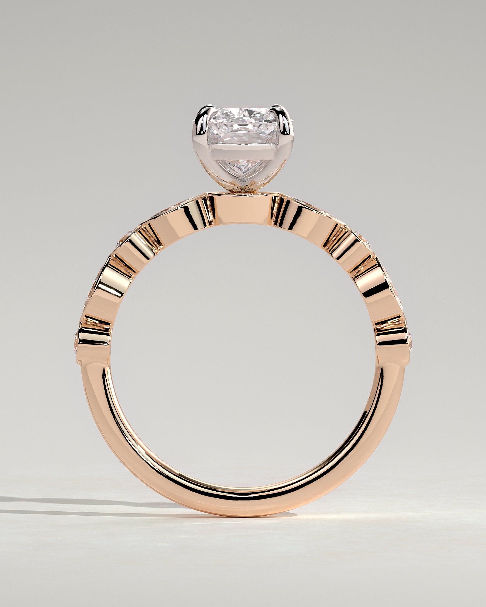 Carrie - Elongated Cushion Claw Solitaire with Round-Marquise Bezel Accent Stones Engagement Ring - Rose Two-Tone - Rose Two-Tone 2ct