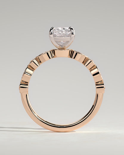 Carrie - Elongated Cushion Claw Solitaire with Round-Marquise Bezel Accent Stones Engagement Ring - Rose Two-Tone