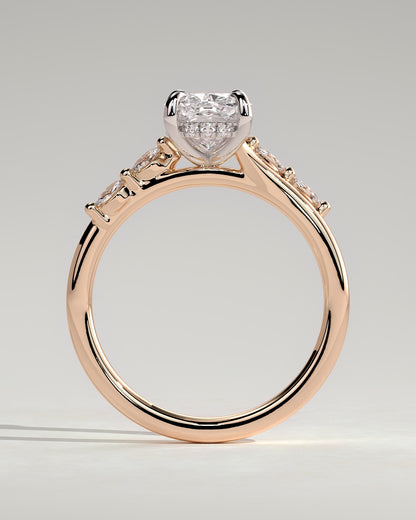 Elle - Elongated Cushion Claw Solitaire with Hidden Halo, Opposing Marquise Accents and Cathedral High Setting Engagement Ring - Rose Two-Tone