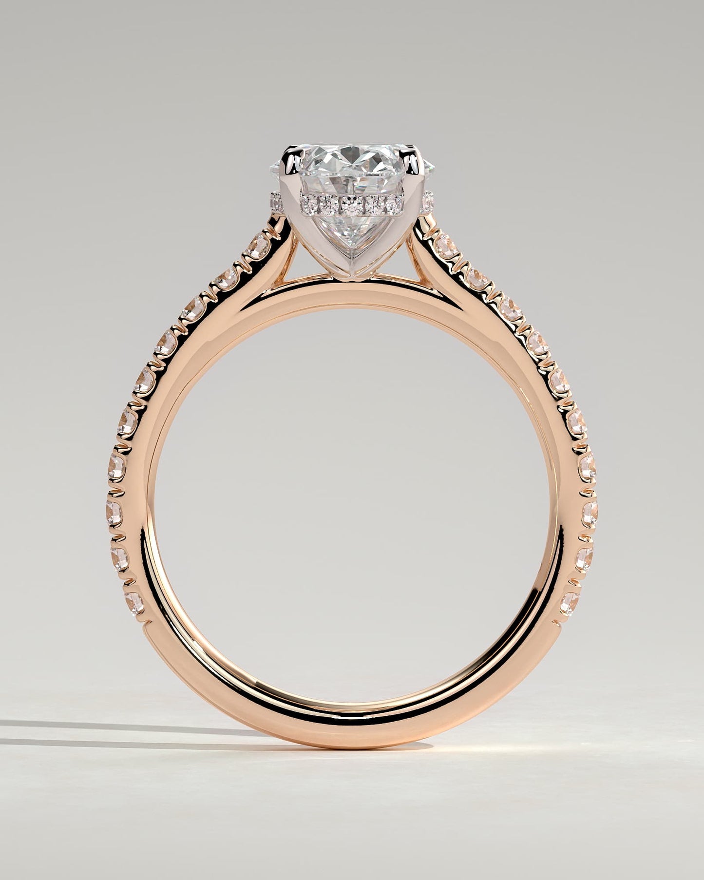 Julia - Oval Claw Solitaire with Hidden Halo, Pave Band and Cathedral High Setting Engagement Ring - Rose Two-Tone