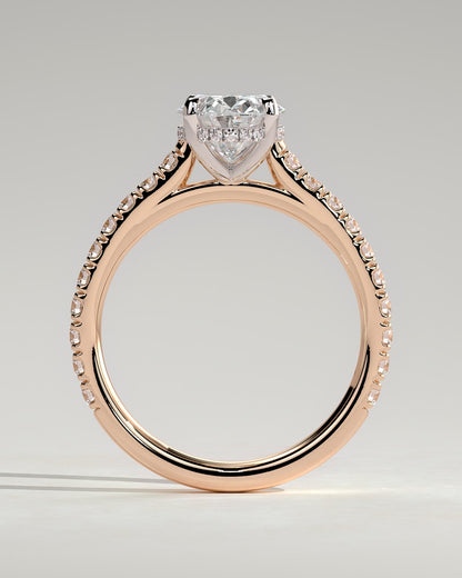 Julia - Oval Claw Solitaire with Hidden Halo, Pave Band and Cathedral High Setting Engagement Ring - Rose Two-Tone