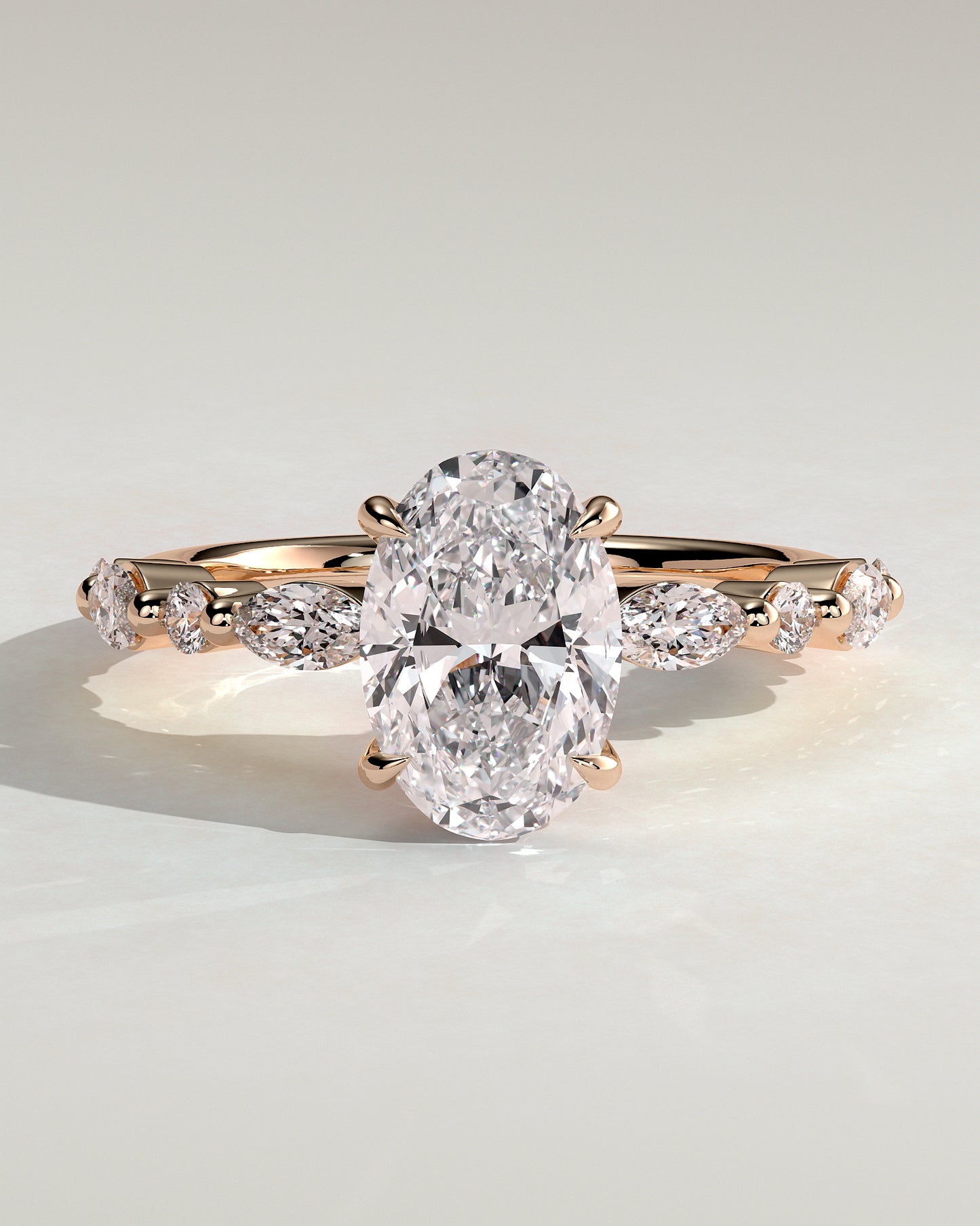 Alyssa - Oval Claw Solitaire with Marquise and Round Accent Stones Engagement Ring - Rose Gold - Rose Gold 2ct