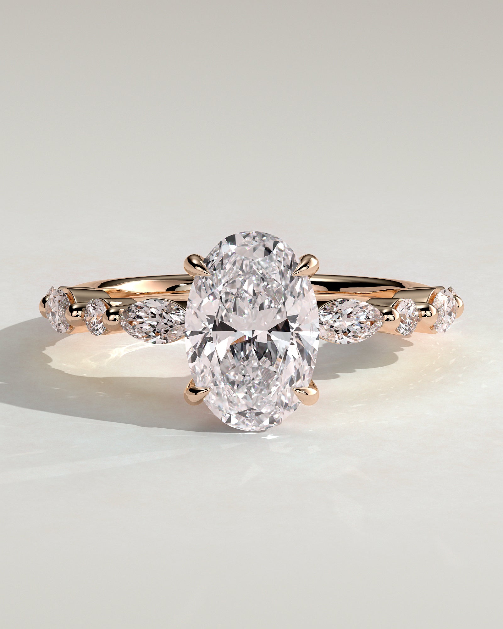 Alyssa - Oval Claw Solitaire with Marquise and Round Accent Stones Engagement Ring - Rose Gold - Rose Gold 2ct