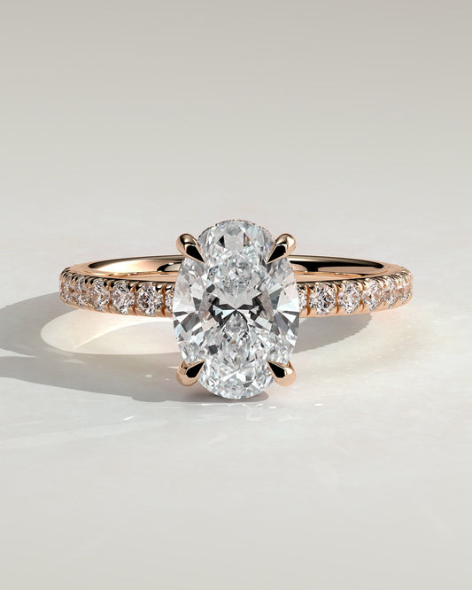Paige - Oval Claw Solitaire with Hidden Halo and Pave Band Engagement Ring - Rose Gold