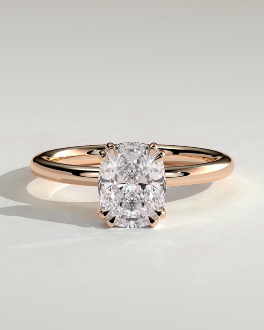 Aubrey - Elongated Cushion Double Claw Solitaire with Hidden Halo Engagement Ring - Rose Gold