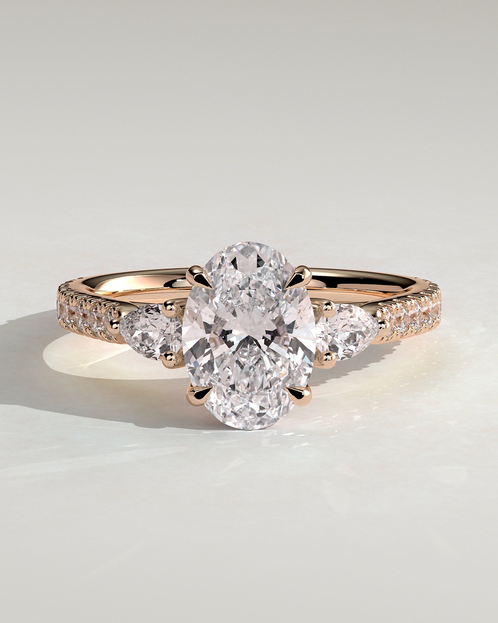 Arabella - Oval Claw Trilogy with Pear Side Stones and Pave Band Engagement Ring - Rose Gold - Rose Gold 2ct