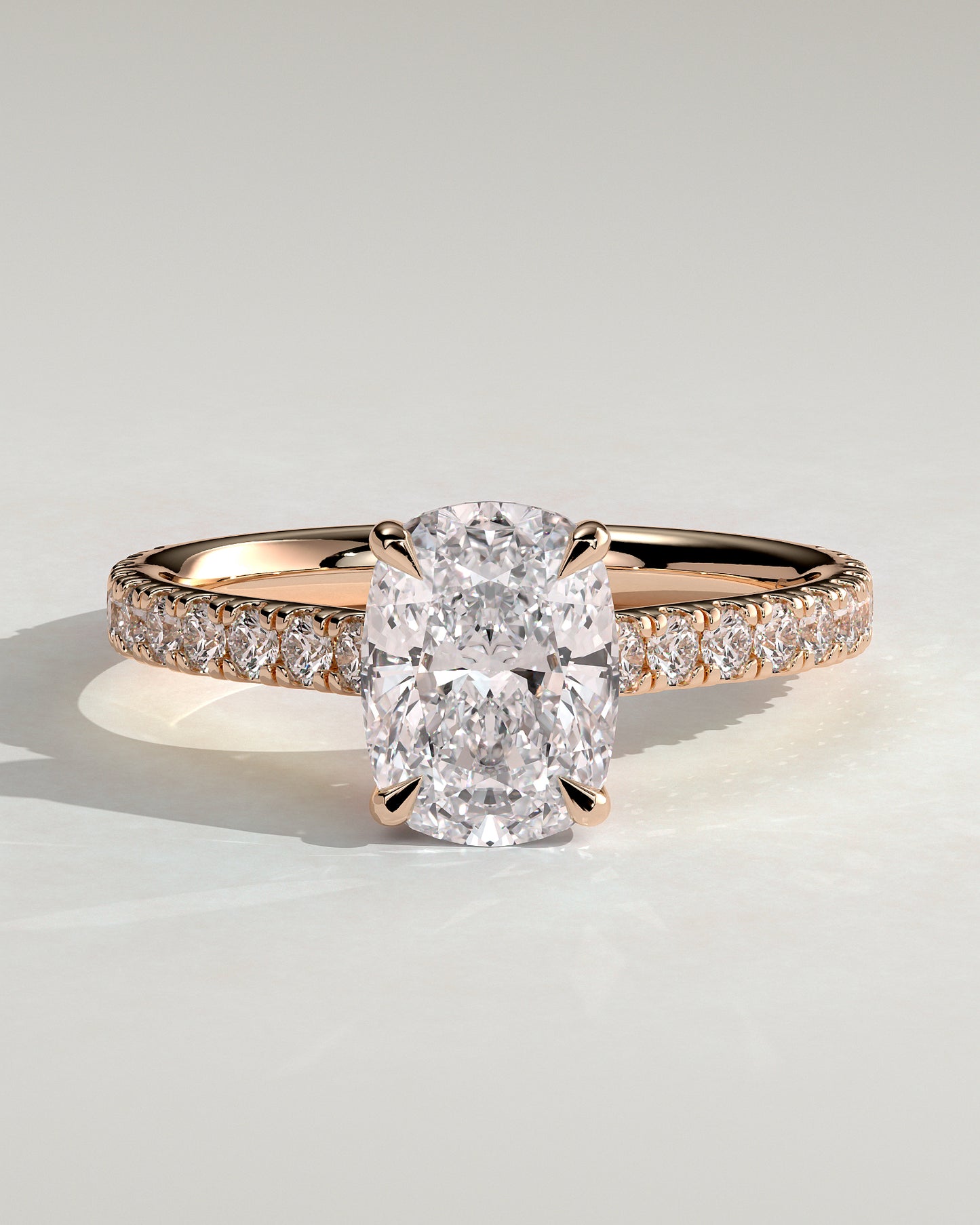 Annika - Elongated Cushion Claw Solitaire with Hidden Halo, Pave Band and Cathedral High Setting Engagement Ring - Rose Gold - Rose Gold 2ct