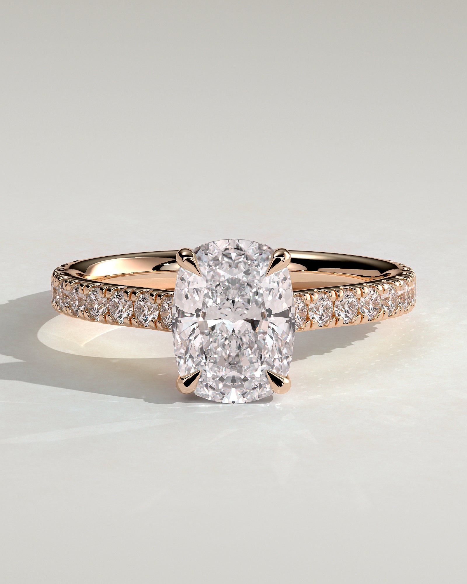 Annika - Elongated Cushion Claw Solitaire with Hidden Halo, Pave Band and Cathedral High Setting Engagement Ring - Rose Gold - Rose Gold 2ct