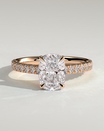 Annika - Elongated Cushion Claw Solitaire with Hidden Halo, Pave Band and Cathedral High Setting Engagement Ring - Rose Gold