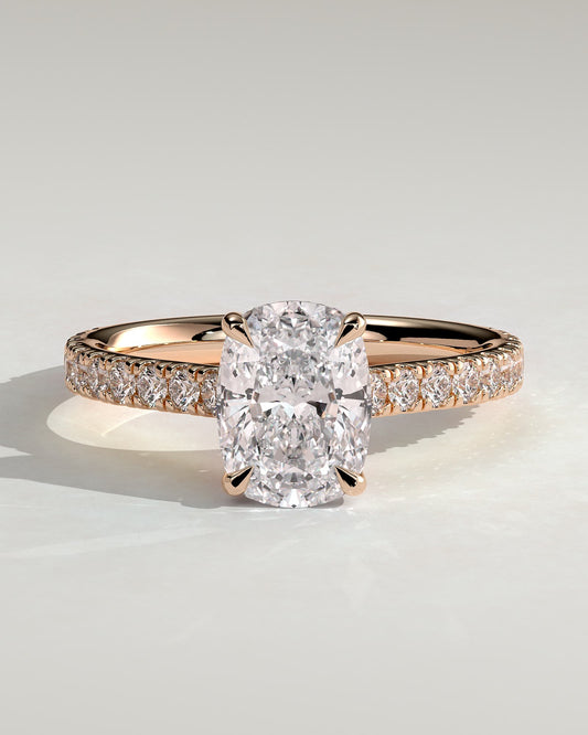 Annika - Elongated Cushion Claw Solitaire with Hidden Halo, Pave Band and Cathedral High Setting Engagement Ring - Rose Gold - rose gold - Lara Jewels