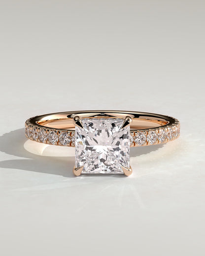 Annie - Princess Claw Solitaire with Hidden Halo and Pave Band Engagement Ring - Rose Gold - rose gold - Lara Jewels