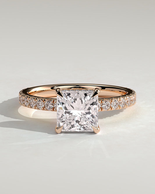 Annie - Princess Claw Solitaire with Hidden Halo and Pave Band Engagement Ring - Rose Gold - rose gold - Lara Jewels