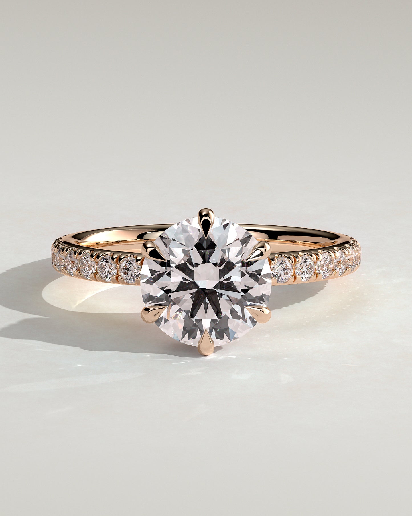 Amanda - Round Claw Solitaire with Wrap Around Hidden Halo and Pave Band Engagement Ring - Rose Gold - Rose Gold 2ct