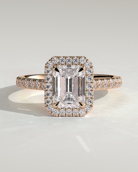 Vanessa - Emerald Claw Solitaire with Halo and Pave Band and Cathedral High Setting Engagement Ring - Rose Gold