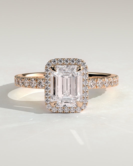 Analyce - Emerald Claw Solitaire with Halo and Pave Band Engagement Ring - Rose Gold