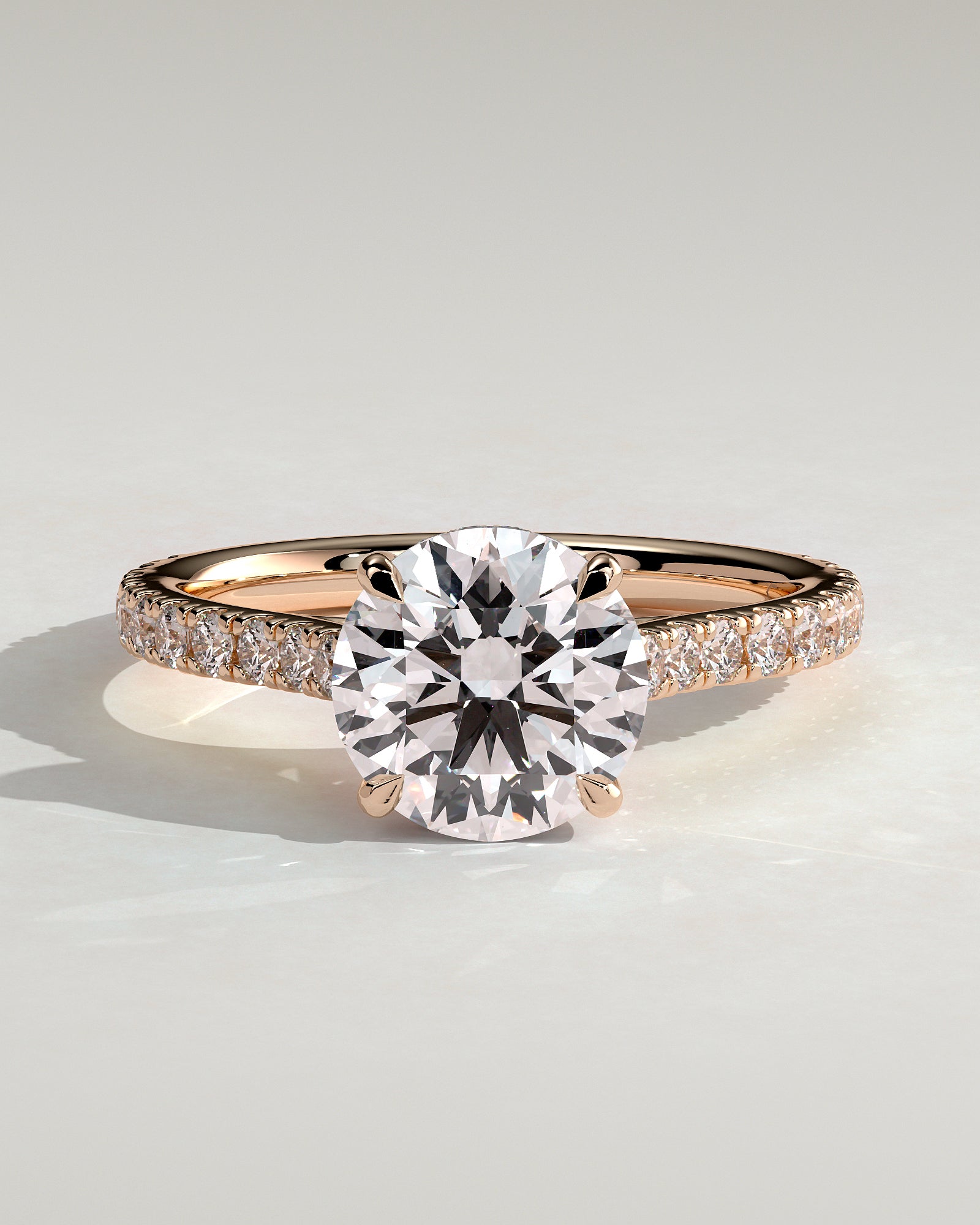 Ashlea - Round Claw Solitaire with Hidden Halo, Pave Band and Cathedral High Setting Engagement Ring - Rose Gold - Rose Gold 2ct
