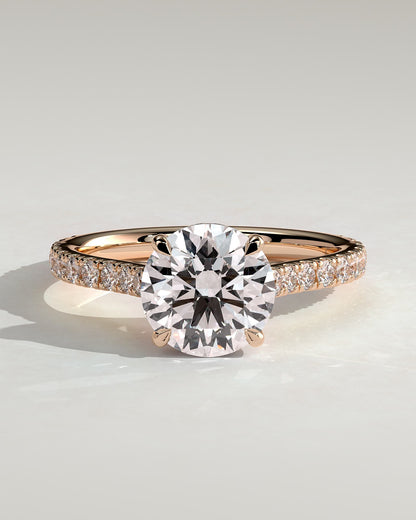 Ashlea - Round Claw Solitaire with Hidden Halo, Pave Band and Cathedral High Setting Engagement Ring - Rose Gold
