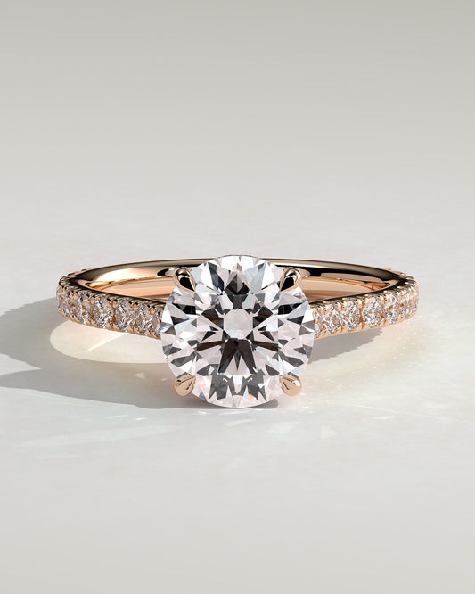 Ashlea - Round Claw Solitaire with Hidden Halo, Pave Band and Cathedral High Setting Engagement Ring - Rose Gold