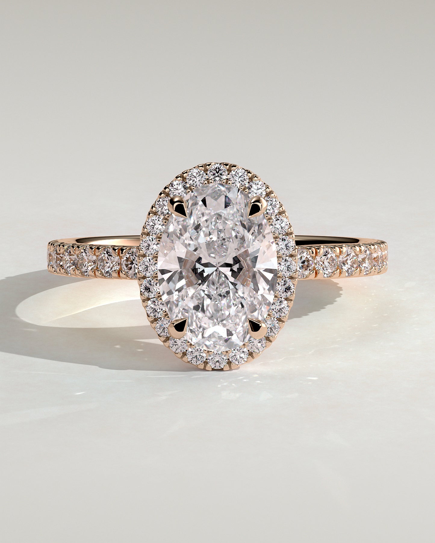 Aurora - Oval Claw Solitaire with Halo and Pave Band Engagement Ring - Rose Gold - Rose Gold 2ct