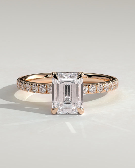 Gwyneth - Emerald Claw Solitaire with Hidden Halo and Pave Band Engagement Ring - Rose Gold
