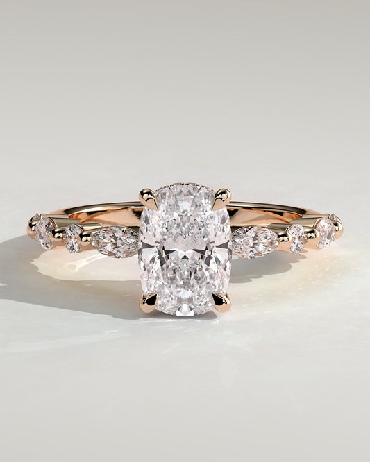 Cali - Elongated Cushion Claw Solitaire with Marquise-Round Accent Stones and Hidden Halo Engagement Ring - Rose Gold