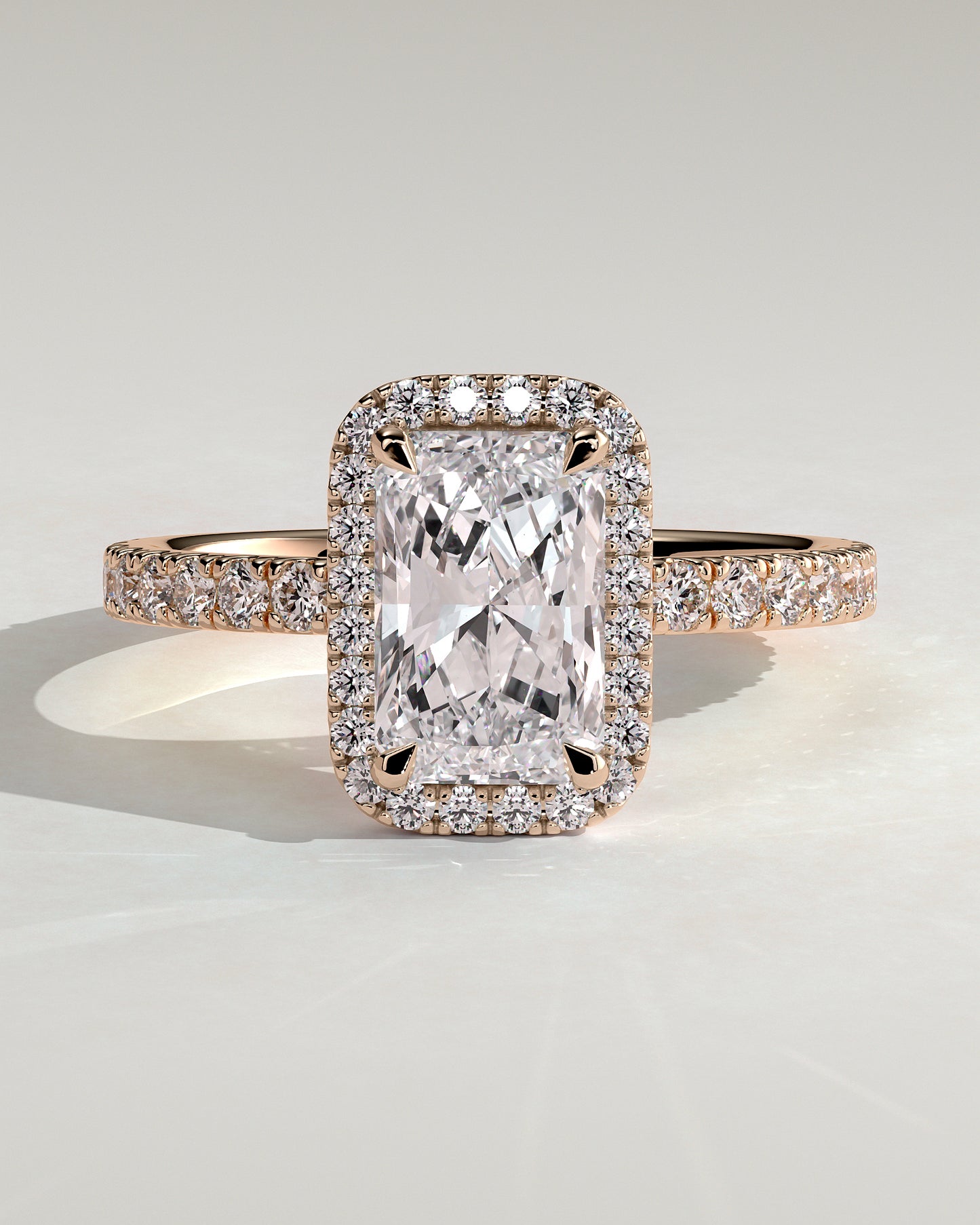 Catherine - Radiant Claw Solitaire with Halo and Pave Band Engagement Ring - Rose Gold - Rose Gold 2ct