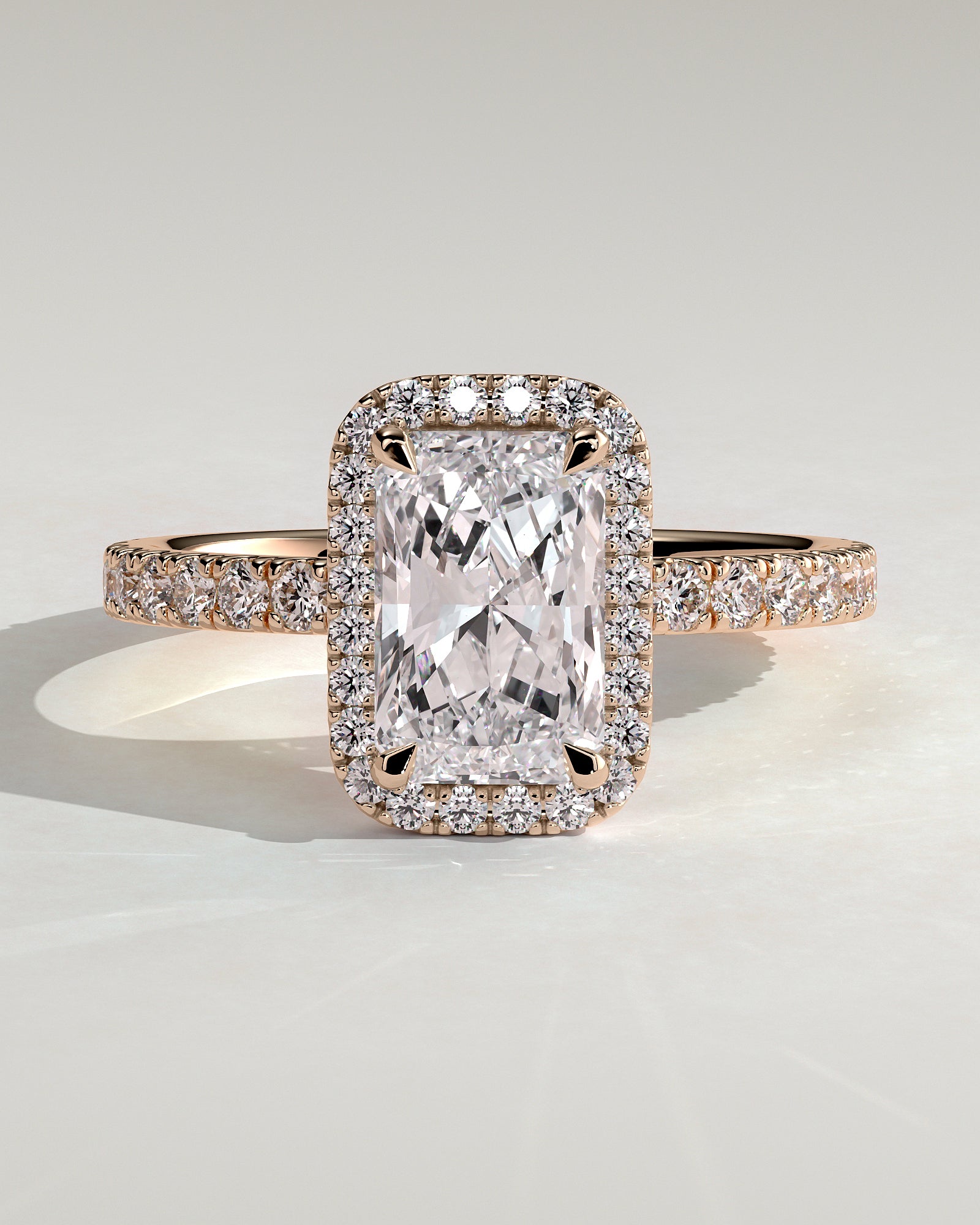 Catherine - Radiant Claw Solitaire with Halo and Pave Band Engagement Ring - Rose Gold - Rose Gold 2ct