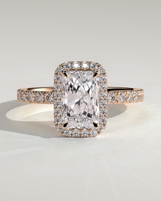 Catherine - Radiant Claw Solitaire with Halo and Pave Band Engagement Ring - Rose Gold