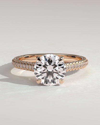Chelsea - Round Claw Solitaire with Hidden Halo, Triple Pave Band and Cathedral High Setting Engagement Ring - Rose Gold
