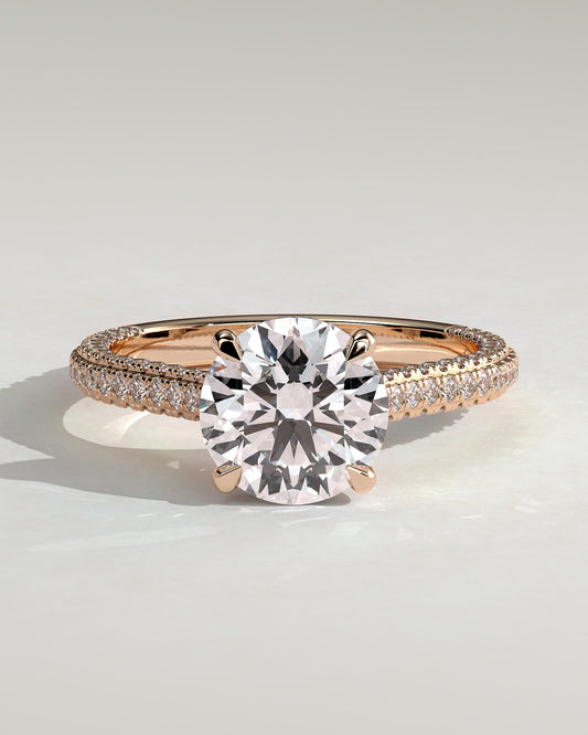 Chelsea - Round Claw Solitaire with Hidden Halo, Triple Pave Band and Cathedral High Setting Engagement Ring - Rose Gold