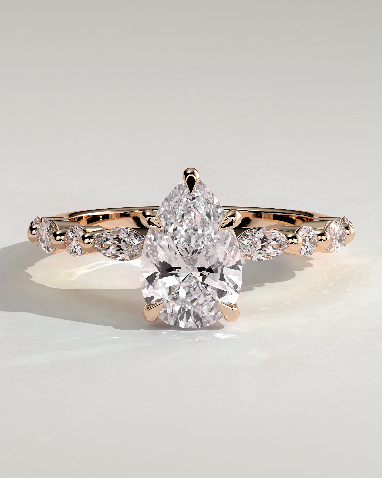 Jacinta - Pear Claw Solitaire with Marquise and Round Accent Stones Engagement Ring - Rose Gold - Rose Gold 2ct