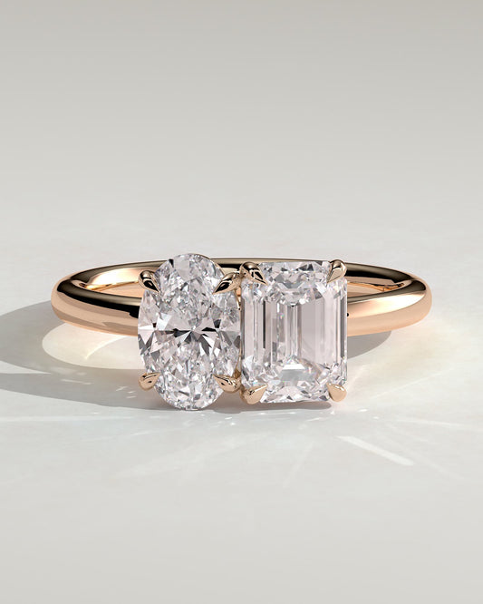 Tanya - Oval and Emerald Claw Toi et Moi Engagement Ring - Rose Gold