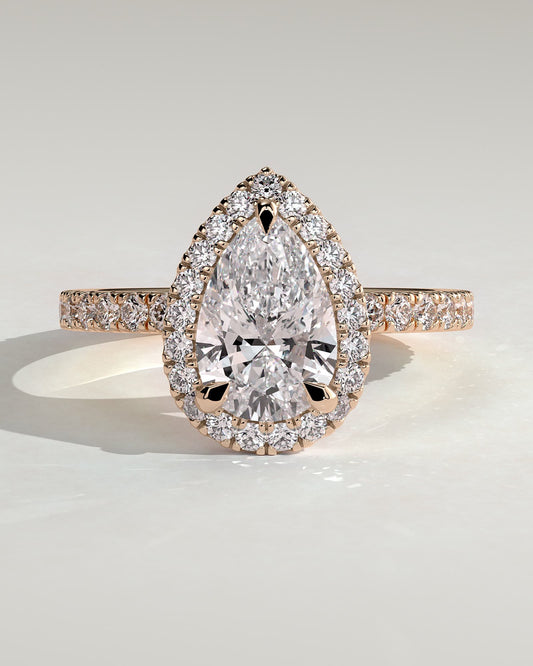 Lauren - Pear Claw Solitaire with Halo and Pave Band Engagement Ring - Rose Gold