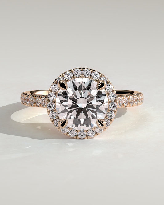 Leah - Round Claw Solitaire with Halo and Pave Band and Cathedral High Setting Engagement Ring - Rose Gold